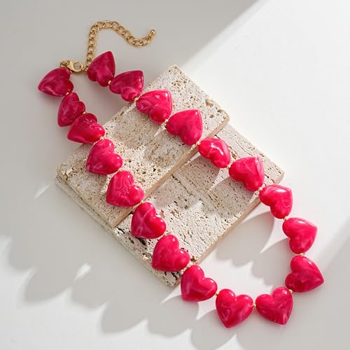 YUJIE Amber Acrylic Heart Choker Necklace for Women Vintage Punk Chunky Necklace Trendy Fashion Accessory - color: hot pink