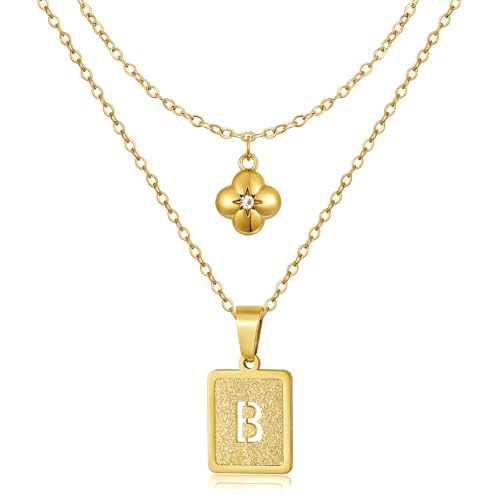 KELORIS PATH Layered Initial Necklaces for Women, 18K Gold Plated Stainless Steel Necklaces Set with Dainty Four Leaf Clover Square Cutout Letter Pendant, Fashion Jewelry for Gifts - style: B Letter