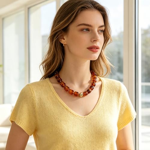 Chunky Beaded Necklace for Women Boho Colorful Statement Choker Necklaces Summer Beach Resin Jewelry Accessories - color: Light Brown
