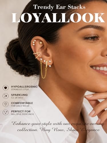 LOYALLOOK Hypoallergenic Flat Back Stud Hoop Earrings for Women, 14K Gold Plated Surgical Steel Earring Stacks Set for Sensitive Ears, Dainty Dangle Chain Silver Cartilage Earring Trendy Piercing Jewelry - color: Gold-cuff