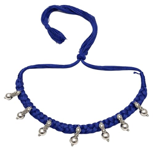 athizay Boho Charm Thread Choker Necklace – Braided Bohemian Choker with Oxidized Silver Dangle Charms | Handmade Boho Jewelry for Women - color: Blue, Silver