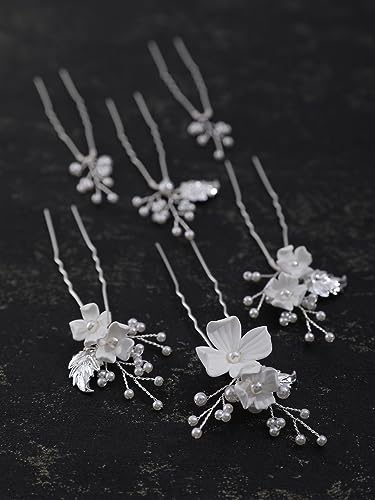 Handmade Pearl Bridal Wedding Hair Pins 6Pcs White Flower Gold Leaf Pearls Clips Bridal Hair Accessories for Women Brides Bridesmaid - color: Silver / Pearl White Flower