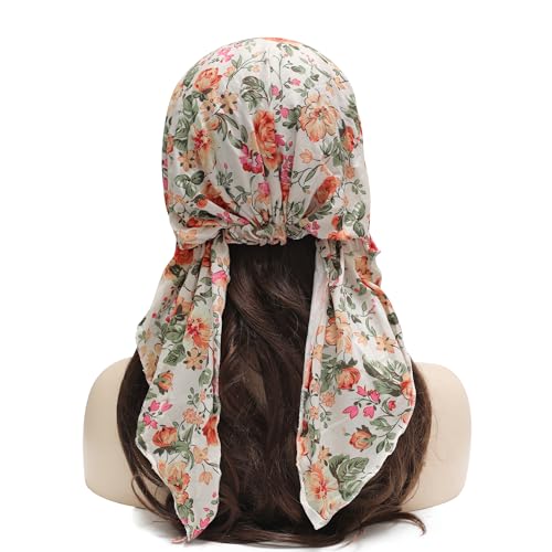 ZLYC Chemo Headwear Pre Tied Head Scarf Headwraps Lightweight Turban Beanie Cap for Women - color: Flower White