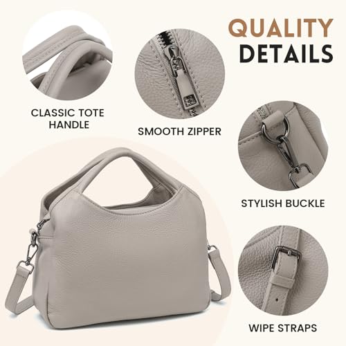 KOGTLA Medium Genuine Leather Purses for Women with Detachable Satchel Strap, Ladies Soft Handbags, Tote Hobo Bags - color: Beige White