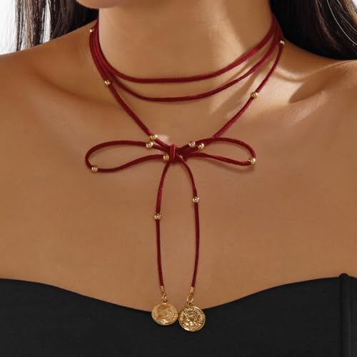 Stagecoach Festival Outfits for Women Boho Leather Necklace with Coin Pendants Long Cowgirl Western Jewelry for Women Country Concert Outfits Accessories - color: A3：red