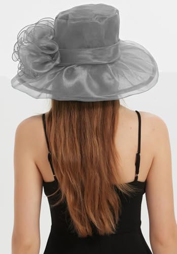 Women's Kentucky Derby Church Dress Hat Wide Brim Leaf Flower Bridal Shower Hat - color: G2 Grey