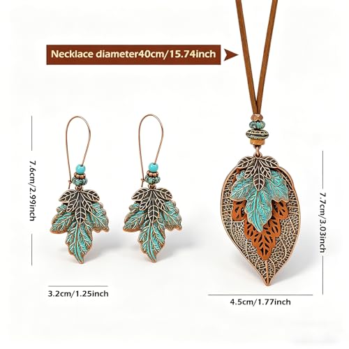 Wooden Leather Necklaces Set Bohemian Wood Stack Discs Long Chain Hemp Rope Bronze Plated Pendant Ethnic Tribal Fall Leaf Earrings Jewelry Statement Necklace - color: R-029