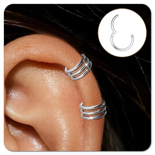 Small Cartilage Double/Triple-Hoop Helix Conch Piercing Earrings With Cubic Zirconia For Women Trendy 14K Gold Plated Titanium Surgical Stainless Steel Sets Nose Rings Hoops Septum Rings - color: Silver, style: E-4Pairs-16Gauge-Triple hoop