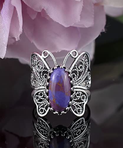 Filigranist Sterling Silver Filigree Art Butterfly Women Cocktail Ring with Gemstones - color: Mojave Turquoise