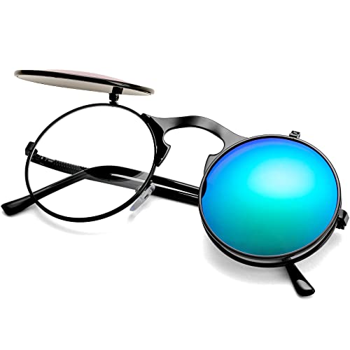 AIEYEZO Round Flip Up Sunglasses for Men and Women Rave Flip Glasses 90's Retro Steampunk Style - color: Black/Green Mirror