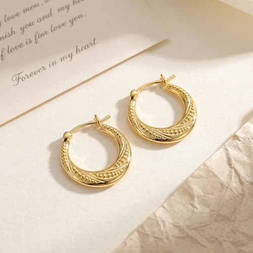 14K Gold Earrings for Women 14K Gold Hoop Earrings for Women Gold Hoop Earring for Womens Hoops Layered Textures and Subtle Bead Accents Hoops Earring for Womens 22/25 mm (25mm)