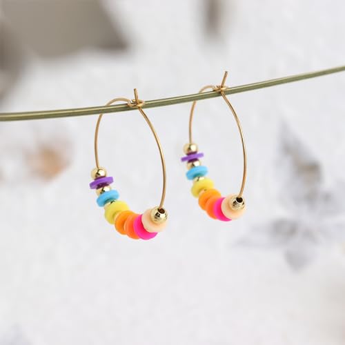 Natural Stone Beaded Hoop Earrings for Women, Boho Handmade Lightweight Hypoallergenic Trendy Summer Beach Accessories Fashion Jewelry Gift - color: multicolor