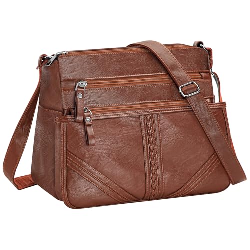 ELDA Crossbody Bags For Women Pocketbooks Soft PU Leather Purses and Handbags Multi Pocket Shoulder Bag - color: Amber Brown
