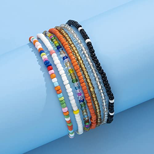 Rrdaily Boho Multilayer Handmade Beaded Anklets for Women,Elastic Adjustable Colorful String Anklets Beach Foot Jewelry (A)