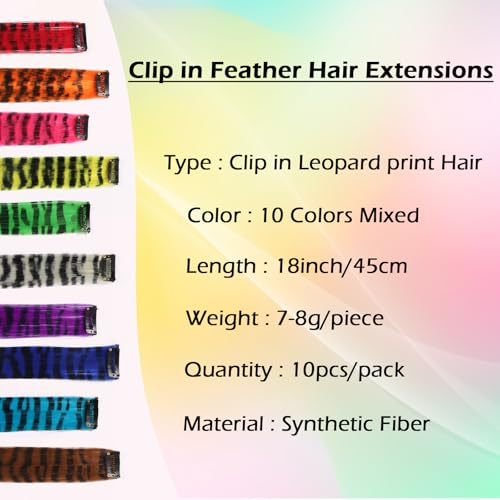 10pcs/pack Scene Hair Extensions Synthetic Clip in Leopard print Hair piece 18inch Long Straight Colorful striped Hairpieces Halloween Party Cosplay Y2K Use for Women - color: Multicolor