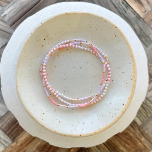 Dainty Gold Plated Tiny Ball Colorful Beaded Stack Bracelets Sets for Women,3Pcs Stackable Cute Bracelet Stretch Trendy Ball Jewelry Friendship Gift - color: light pink