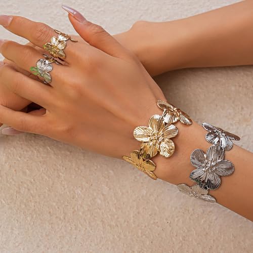 Boho Open Bracelet Ring Set for Women Black and Gold Jewelry Set Oval Cuff Bracelet Adjustable Ring Vintage Jewelry - style: V-Silver