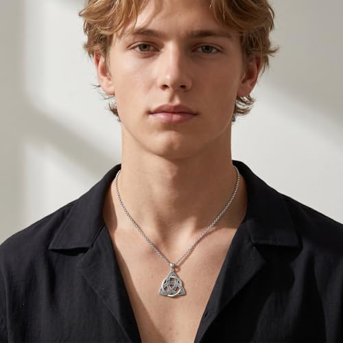 Celtic Necklace for men Sterling Silver Celtic Knot Triquetra Triangle Trinity Necklace Gift for Men - color: G-Silver