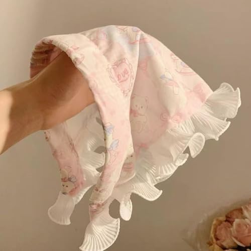 Women's Lace Bandana Headband, Vintage Gingham Triangle Scarf with Bow, French Retro Style for Boho Chic & Casual Outfits (20-Pink cat, One Size) - color: 20-Pink cat