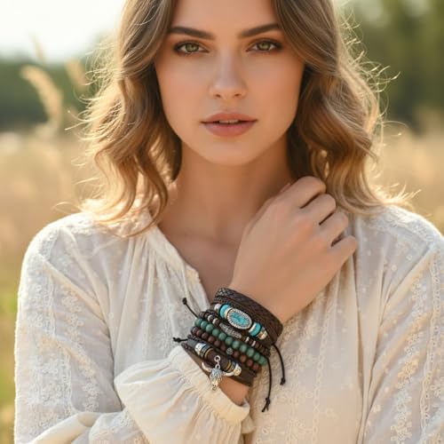 Turquoise Leather Western Bracelets for Women Men Bohemian Retro Turquoise Wrap Bracelets Exquisite Layered Stacked Cowboy Cowgirl Bracelet Western Country Concert Outfits Leather Cuff Bracelet for Women - style: Bull Head