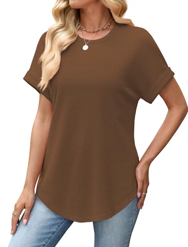 Sampeel Summer Tops for Women 2026 Trendy Rolled Short Sleeve Shirts Waffle Knit Crew Neck Tops Curved Hem Fashion Clothing - color: Classic Brown, size: Small
