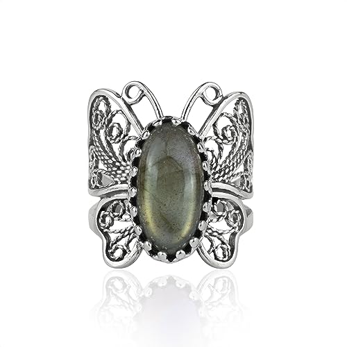 Filigranist Sterling Silver Filigree Art Butterfly Women Cocktail Ring with Gemstones - color: Labradorite