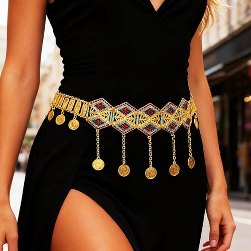 ELABEST Gold Waist Chain Rhinestone Belly Dance Chain Crystal Tassel Dance Jewelry for Women - style: Gold-B