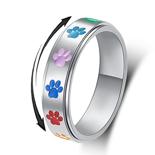 Anxiety Ring for Women Spinner Rings:Rotating Rings Stainless Steel 6mm Moon Star Anxiety for Men Band Jewelry Gift for Women Size 6 7 8 9 10 - color: Dog Paw Spinner Ring-Silver