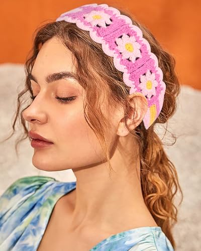 HAIMEIKANG Hippie Hair Bandanas Headbands for Women Boho Headband Knit Hair Bands Floral Head Wrap for Girls(Pink) - color: Pink