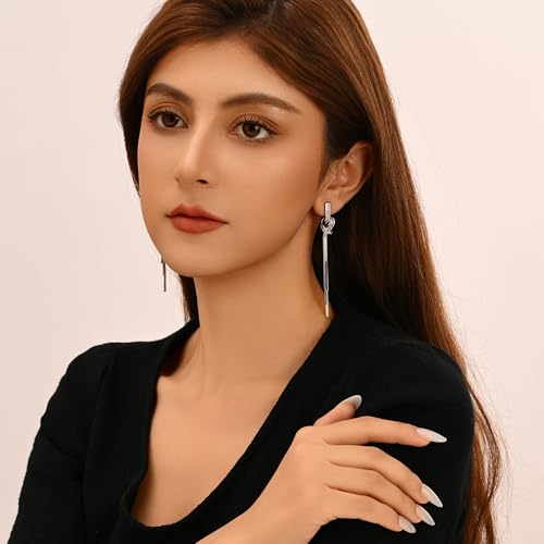 18K Gold/Silver Plated Dangle Earrings for Women Sparkly Rhinestone Long Tassel Dangle Earrings Dainty Long Hanging Chain Earrings Wedding Party Prom Earrings - color: Silver