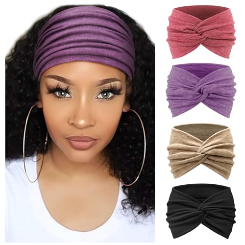 AQOKKA Extra Wide Headbands for Women Large Turban Headband Non Slip Boho Elastic Hairband Hair Twisted Knot Head Bands Accessories - color: 4 Pcs: Dark Purple, Begonia Red, Beige, Black