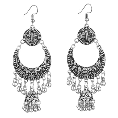Bohemian Vintage Silver Drop Dangle Earrings Geometric Round Moon Beads Tassel Statement Gypsy Long Dangle Lantern Chandelier Earrings Boho Ear Accessories for Women Party - color: Silver