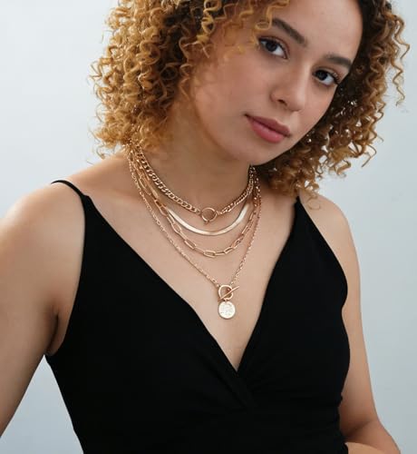 iF YOU Vintage Gold Layered Necklaces for Women Trendy, Chunky Cuban Link Paperclip Chains Necklace Stack, Coin Pendant Necklace Set Jewelry Gifts - style: 4-layer gold snake necklaces