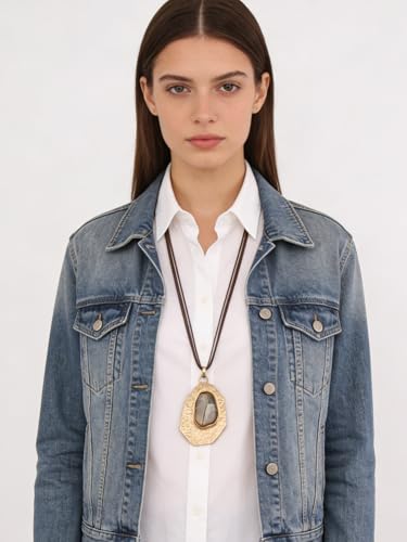 GelConnie Long Necklaces for Women Boho Large Pendant Necklace Casual Bohemian Brown Leather Choker Sweater Circle Statement Stone Necklace - style: Leather Stone Necklace