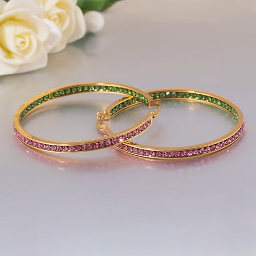 CiNily Mult-colors Crystal Stainless Steel Hoop Earring for Women Hypoallergenic Jewelry for Sensitive Ears Large Big Hoop Earrings 2" - color: Gold-Pink and Green