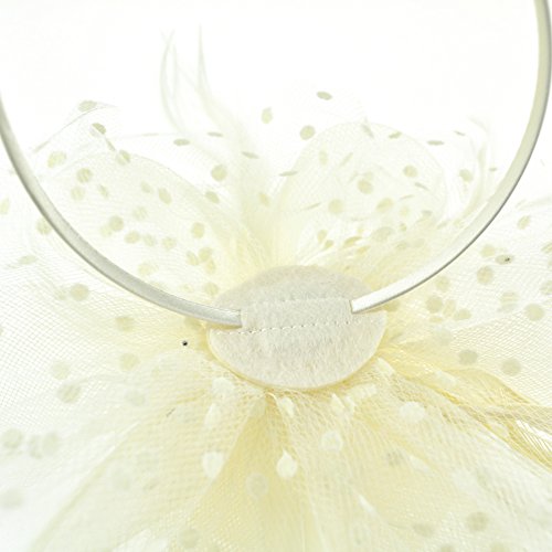 DRESHOW Fascinators Hat Flower Mesh Ribbons Feathers on a Headband and a Clip Tea Party Headwear for Girls and Women - color: 7" Diameter / Beige
