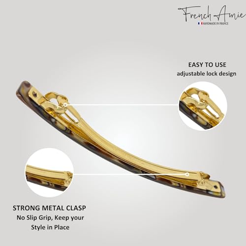 French Amie Long and Skinny Bar Silver Onyx Grey Large 4 1/4" Celluloid Acetate Handmade Automatic Hair Clip Barrette with No Slip Sturdy Silver Clasp for Women and Girls, Made in France (Onyx Grey) - color: Onyx Grey