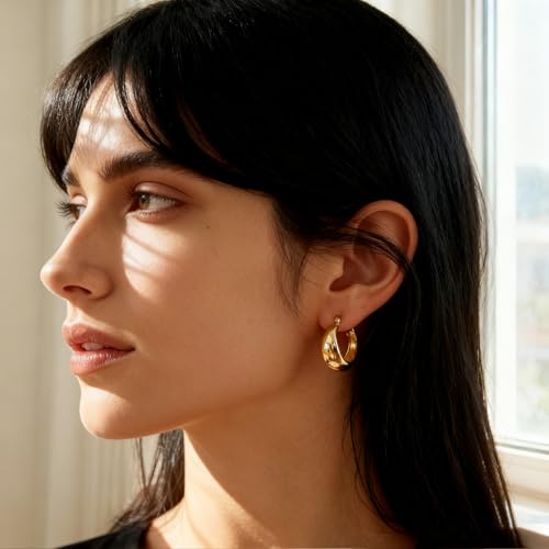 Hoop Earrings for Women 14K Gold Plated Thick Chunky Hoops Hypoallergenic Trendy Dainty Jewelry Gifts - style: Round Hoop