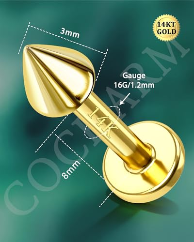 COCHARM 14k Solid Gold 16g Labret Studs Real Yellow Gold Medusa Monroe Madonna Stud Lip Piercing Helix Cartilage Conch Earring Stud - color: Yellow Point-8mm