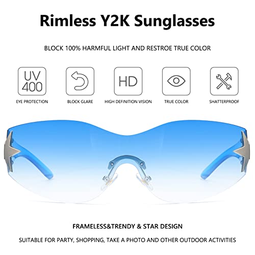 Rimless Y2K Sunglasses for Women Men Wrap Around Fashion Sunglasses Oversized Frameless Trendy Sun Glasses - color: Gradient Blue Lens/Blue Frame