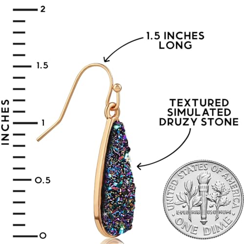 Teardrop Dangle Earrings for Women with Simulated Druzy Stones, in Gold or Rose Gold Tone - color: Gold - Black Created Opal