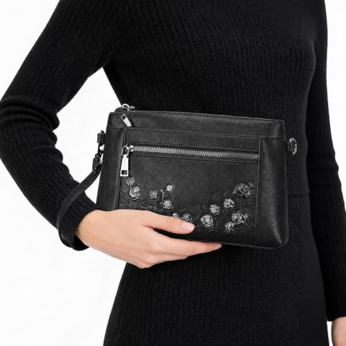 MEITRUE Wristlet Wallet Small Crossbody Bags for Women Clutch Purse Leather Phone Purse with Adjustable & Detachable Strap - color: B2-black