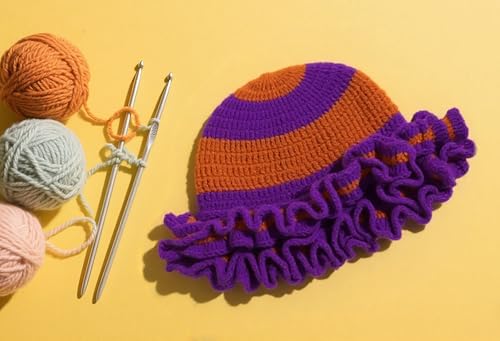 Handmade Crochet Bucket Hat for Women Boho Chic Slouchy Design Colorblock Ruffled Brim Festival&Daily Crochet Hat - color: Purple Orange Contrasting