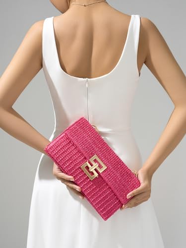 SWEETV CHUNLI Straw Purse Woven Beach Bag Summer Clutch Purse Boho Crossbody Bags for Women Small Raffia Shoulder Bag - color: Hot Pink