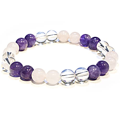 ANAYA AGATE Healing Crystal Bracelet for Women and Men – 8mm Round Beaded Bracelet for Men and Women – Unisex Stretchy Gemstone Bracelet for Healing and Protection - color: Amethyst, Clear Quartz, Rose Quartz