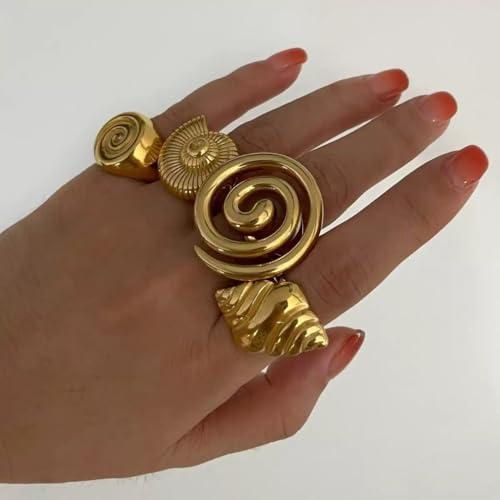 Yuoos 6PCS Gold Seashell Rings for Women Beach Surfer Swirl Conch Starfish Chunky Rings 18k Gold Dainty Seashell Heart Bow Stacking Rings Summer Jewelry for Women