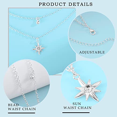 Layered Beads Waist Chain Gold/Silver Sun Belly Chain Bikini Body Chain Women Adjustable Beach Waist Jewelry Accessories - size: Small, style: Silver Sun