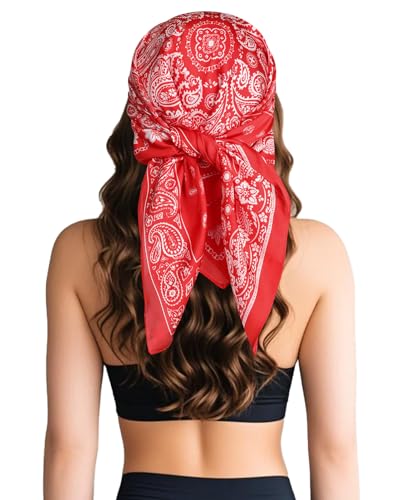 Sumolux Head Hair Scarf for Women Like Satin Silk Scarf Bandana Hair Wrapping Night Large Square Scarves 27.5" - color: Red Cashew Nuts