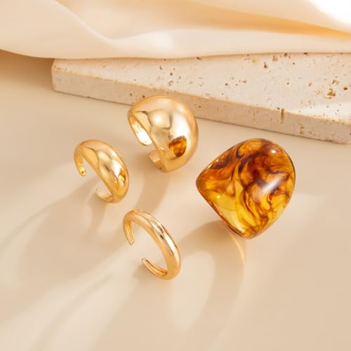 Chunky Adjustable Open Ring for Women Vintage Resin Geometric Ring Boho Statement Ring Set CZ Fashion Classic Jewelry Accessories - color: Gold2
