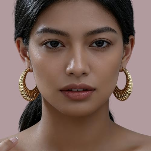 Gold Textured Hoop Earrings for Women, Lightweight Chunky Gold Hoop Earrings with 3D Ribbed Texture, Hypoallergenic Large Round Hoop Jewelry for Daily Party Wear